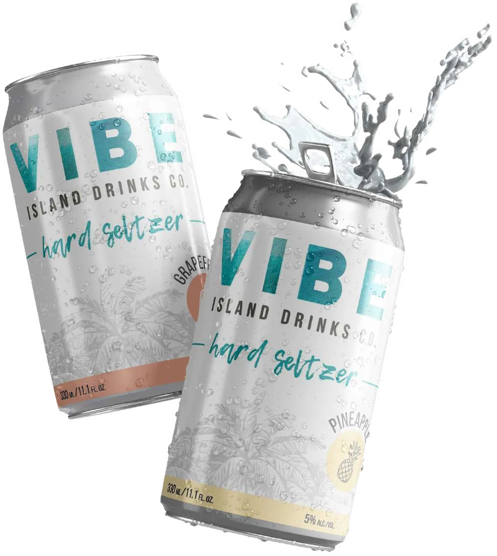 Two cans of Vibe Hard Seltzer splashing through water