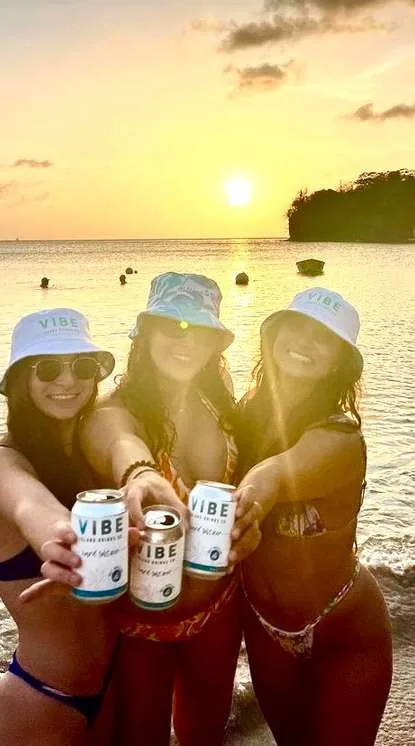 Friends raising Vibe cans at sunset